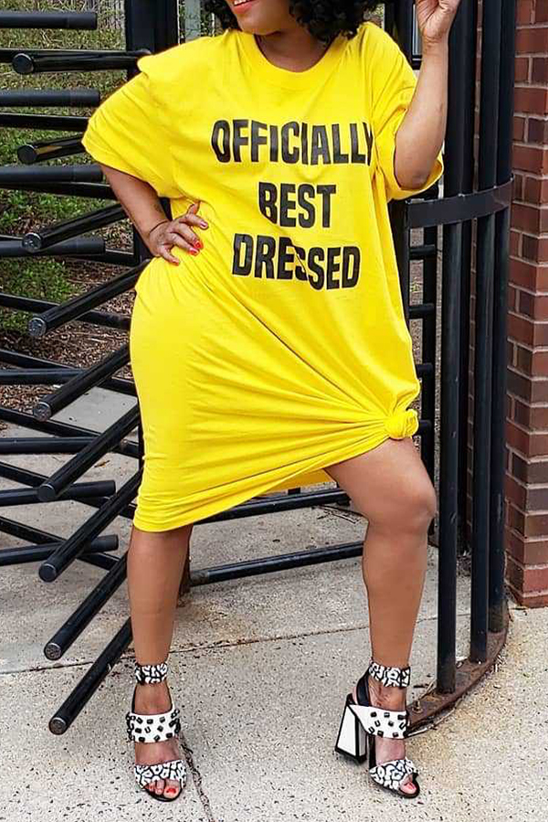 

Lovely Casual Letter Printed Yellow Mid Calf A Line Dress