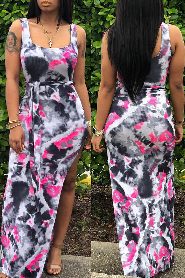 

Lovely Women’s U Neck Printed Side Split Rose Red Ankle Length Dress