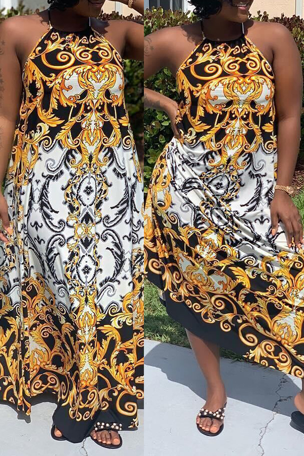 

Lovely Women’s Halter Neck Printed Yellow Ankle Length Dress