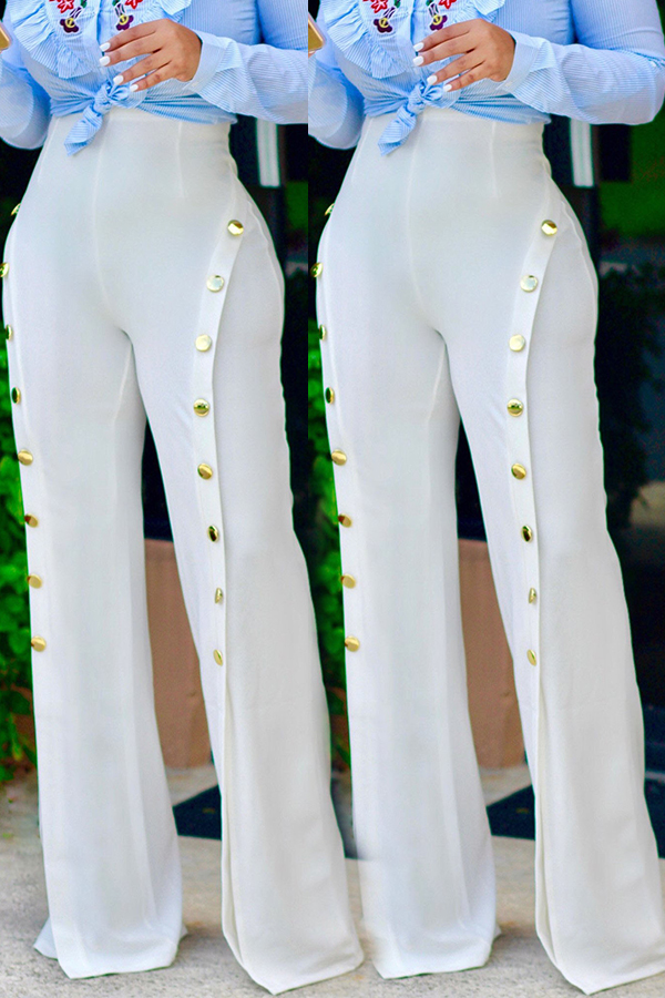 

Lovely Stylish High Elastic Buttons Design White Pants