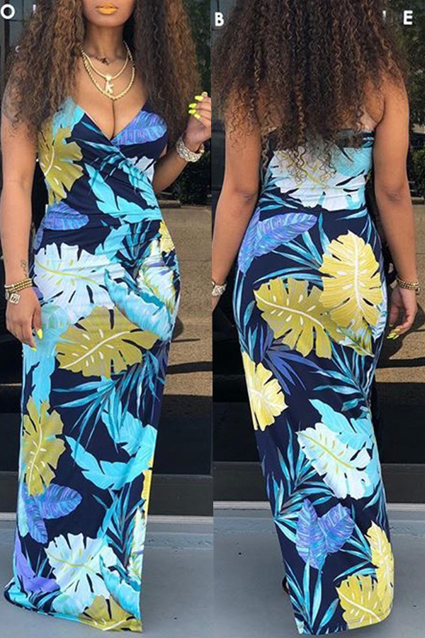 

Lovely Women’s V Neck Printed Backless Blue Ankle Length Dress