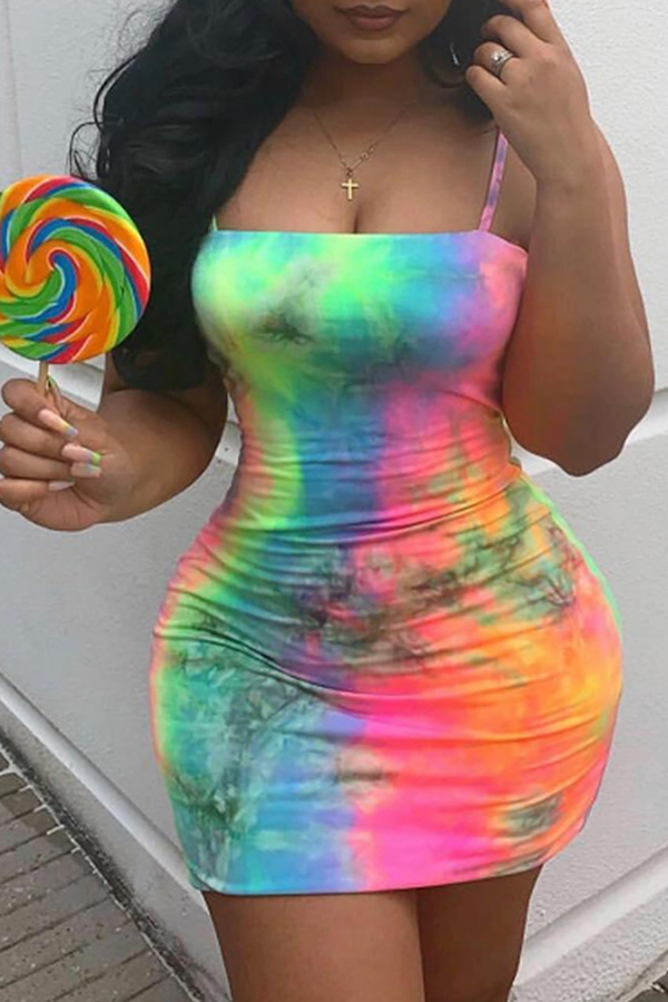 

Lovely Casual Spaghetti Strap Tie-dye Mini Dress