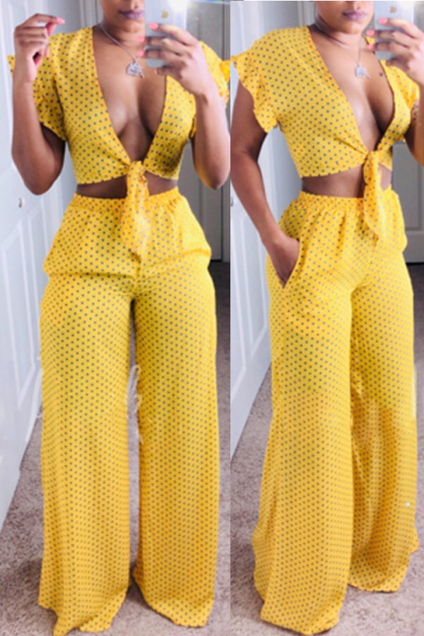 

Lovely Stylish Dot Printed Yellow Two-piece Pants Set