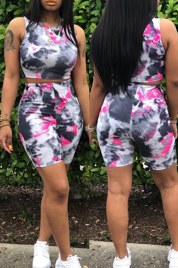 

Lovely Casual Printed Rose Red Two-piece Shorts Set