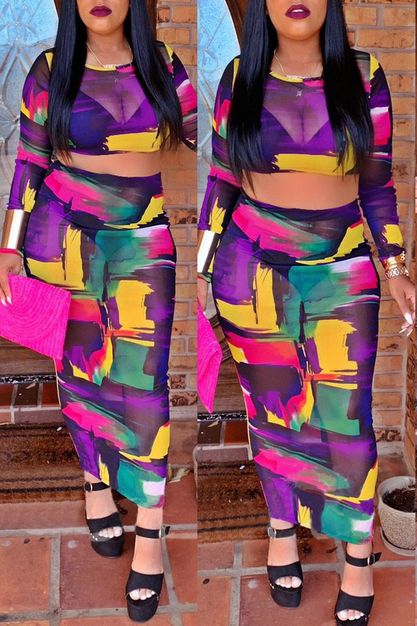 

Lovely Sexy Printed See-though Purple Two-piece Skirt Set