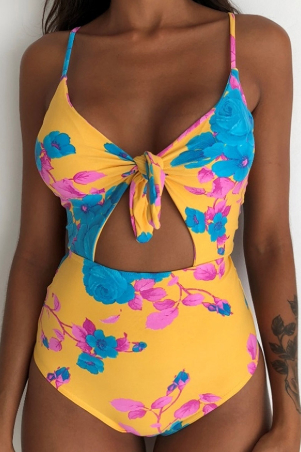 

Lovely V Neck Printed Hollow-out Yellow One-piece Swimwear