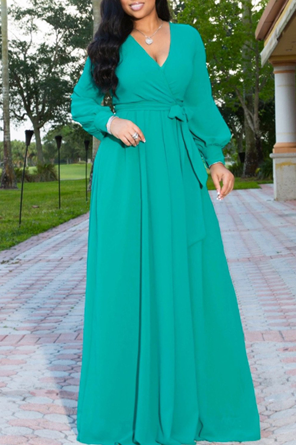 

Lovely Sweet V Neck Lace-up Green Floor Length Dress