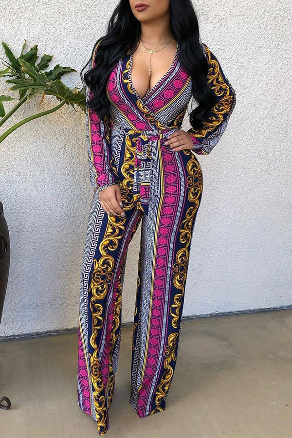

Lovely Bohemian V Neck Printed Purple One-piece Jumpsuit