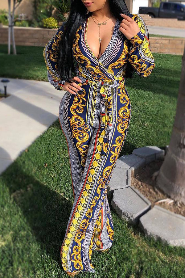 

Lovely Bohemian V Neck Prined Yellow One-piece Jumpsuit