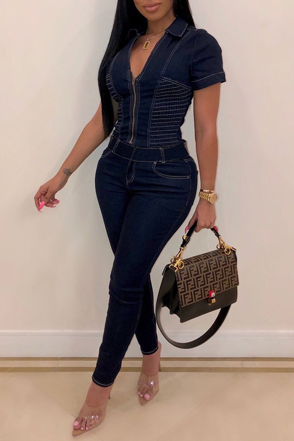

Lovely Stylish Zipper Design Deep Blue One-piece Jumpsuit
