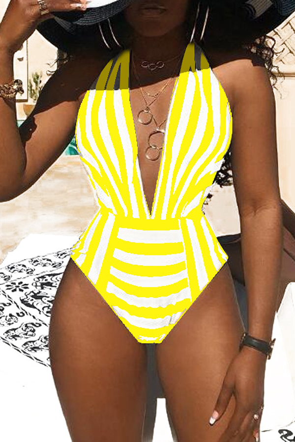 

Lovely Deep V Neck Striped Printed Yellow One-piece Swimwear