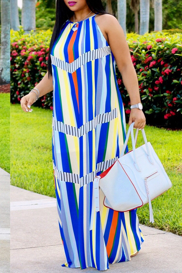 

Lovely Women’s Halter Neck Striped Printed Blue Ankle Length Dress
