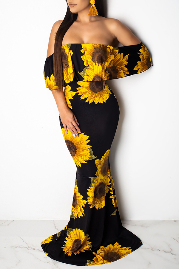 

Lovely Trendy Yellow Floral Printed Trumpet Mermaid Floor Length Dress