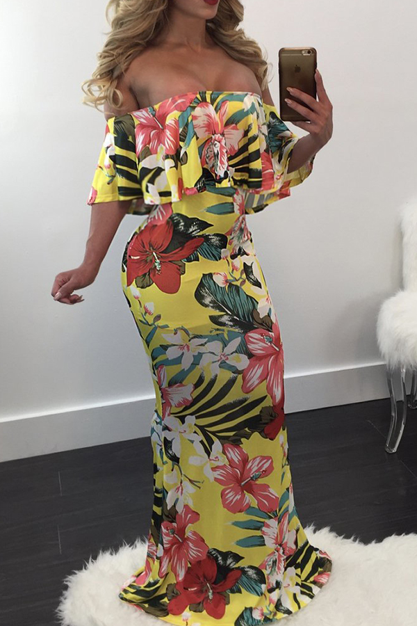 

Lovely Elegant Off The Shoulder Printed Yellow Floor Length Dress