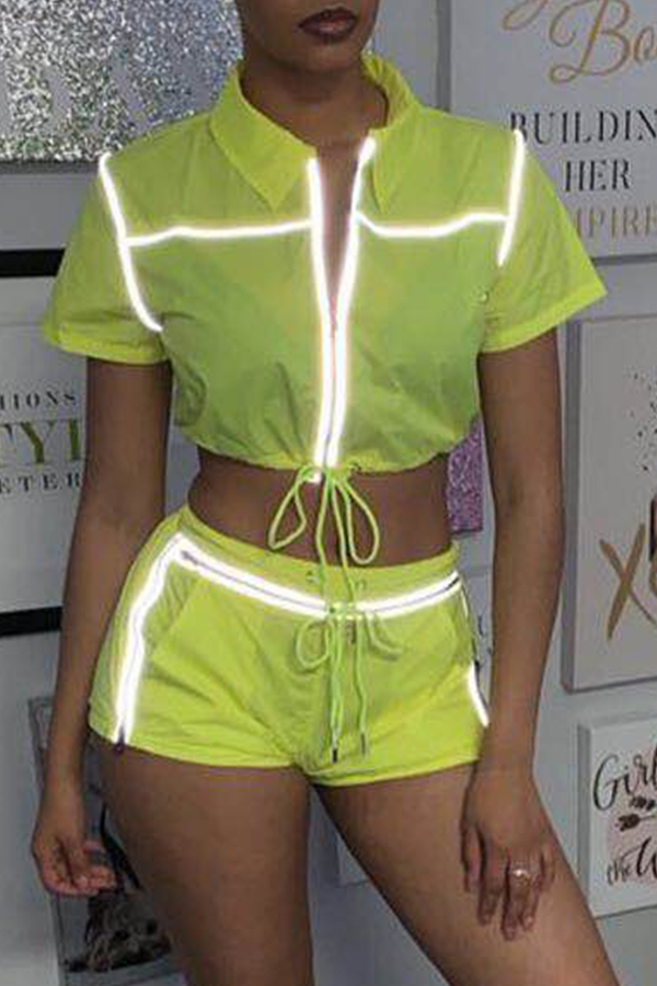 

Lovely Casual Patchwork Light Green Two-piece Shorts Set