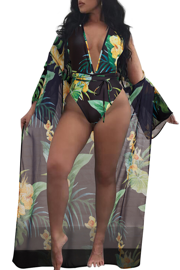 Lovely Chic Floral Printed Black Cover-up(Without Swimwear)