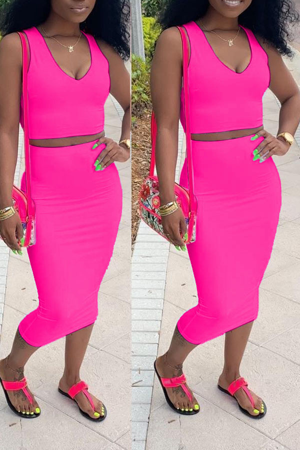 Lovely Casual V Neck Sleeveless Rose Red Two-piece Skirt Set