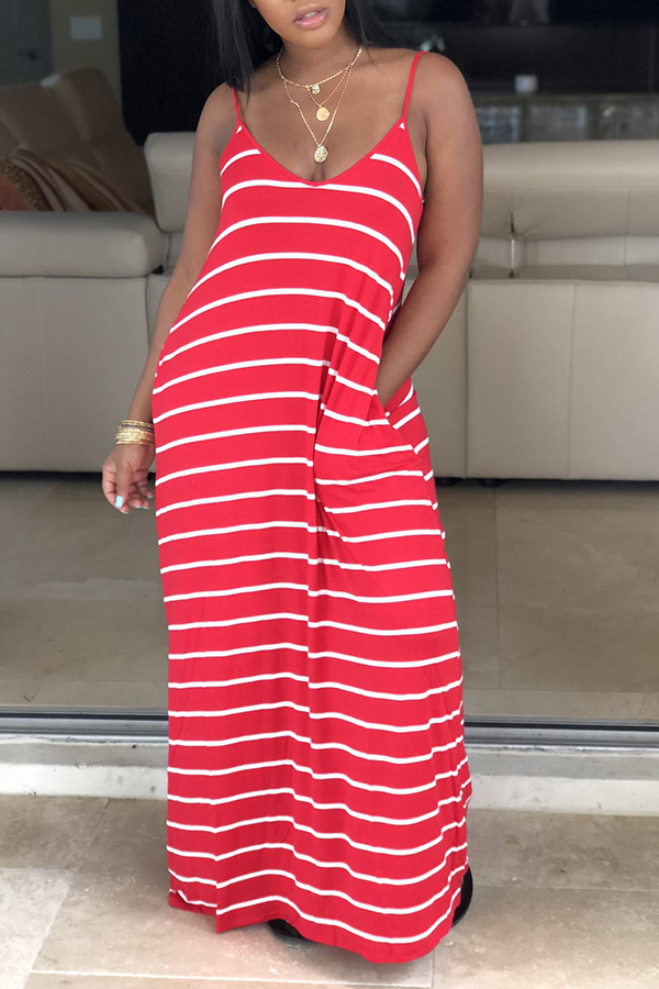 

Lovely Casual V Neck Spaghetti Strap Striped Red Floor Length Dress