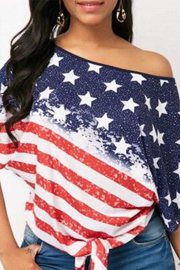 

Lovely Independence Day Casual Dew Shoulder Printed Red T-shirt
