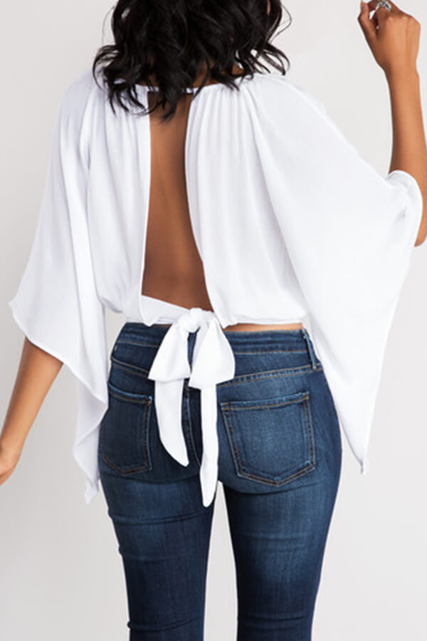 LW Casual O Neck Hollow-out Lace-up White Blouse
