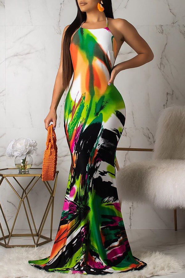 

Lovely Bohemian Halter Neck Printed Multicolor Floor Length Dress, Multi
