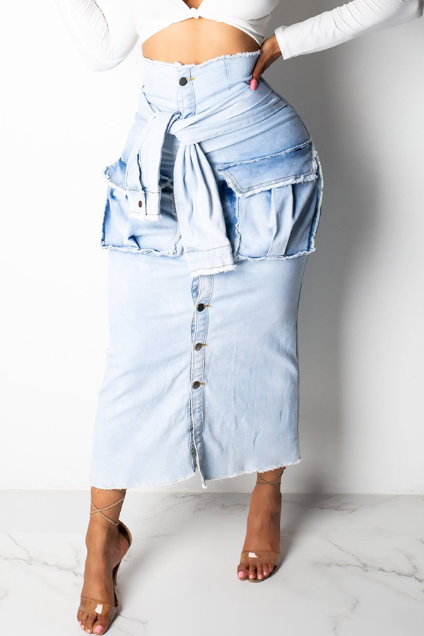 Lovely Casual Pocket Decoration Blue Denim Ankle Length A Line Skirt