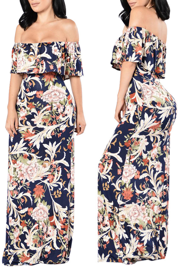 

Lovely Casual Off The Shoulder Printed Floor Length A Line Dress, Multi