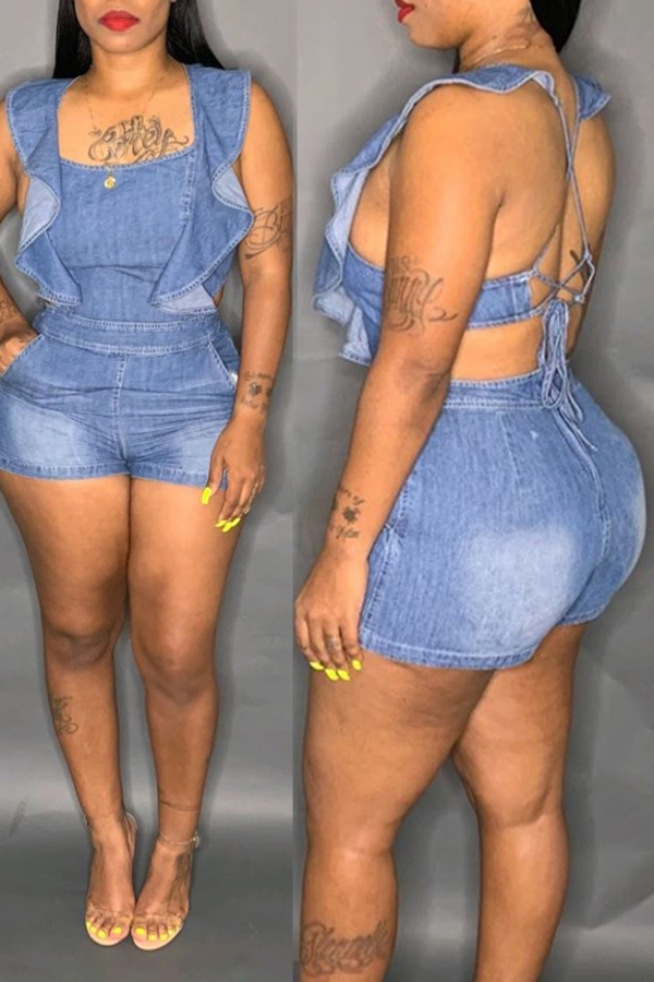 Lovely Sexy Ruffle Design Backless Blue Denim One-piece Romper