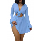 Lovely Sexy V Neck Hollow-out Baby Blue Mini A Lin
