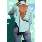 Lovely Casual Striped Backless Green Shirt