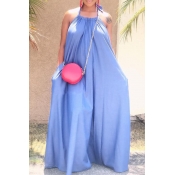 Lovely Sexy Halter Neck Baby Blue Floor Length A L