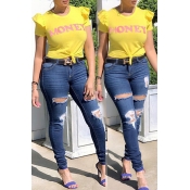 Lovely Leisure Letter Printed Yellow T-shirt