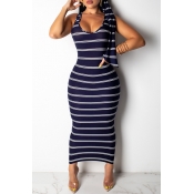 Lovely Casual Striped Blue Mid Calf A Line Dress(W