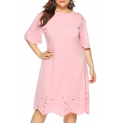Lovely Casual O Neck Hollow-out Pink Knee Length D