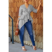 Lovely Casual Striped Asymmetrical Black Blouse