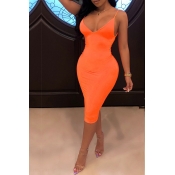 Lovely Sexy Backless Orange Knee Length Dress(With