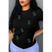 Lovely Casual O Neck Printed Black T-shirt