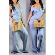 Lovely Casual Hollow-out Baby Blue Denim One-piece