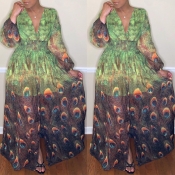 Lovely Stylish V Neck Peacock Printed Green Ankle 