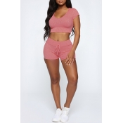 Lovely Casual Hooded Collar Pink Two-piece Shorts 