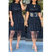 Lovely Casual Letter Printed Gauze Patchwork Black