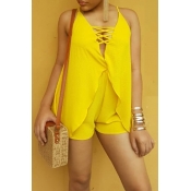 Lovely Sexy V Neck Hollow-out Yellow Two-piece Sho