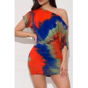 Lovely Casual One Shoulder Tie-dye Red Two-piece S