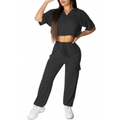 Lovely Casual Hooded Collar Black Two-piece Pants 