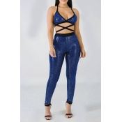 Lovely Sexy Hollow-out Blue Two-piece Pants Set