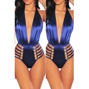 Lovely Sexy Deep V Neck Hollow-out Blue One-piece 