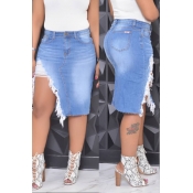 Lovely Stylish Side Split Baby Blue Denim Knee Len