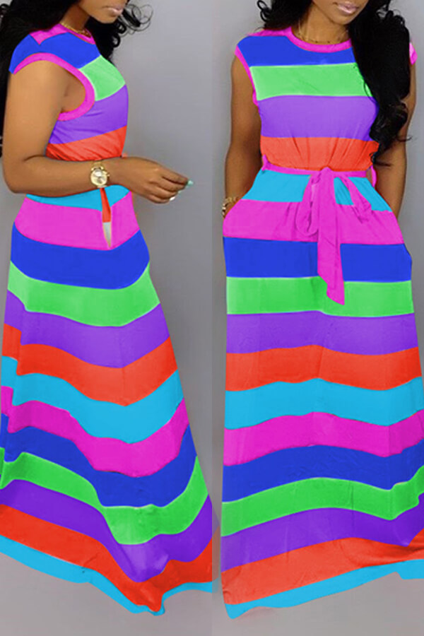 

LW Casual Striped Printed Rose Red Floor Length Dress