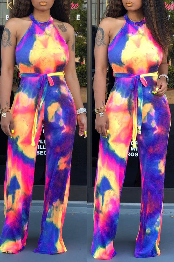 

Lovely Casual Halter Neck Tie-dye Multicolor One-piece Jumpsuit, Multi
