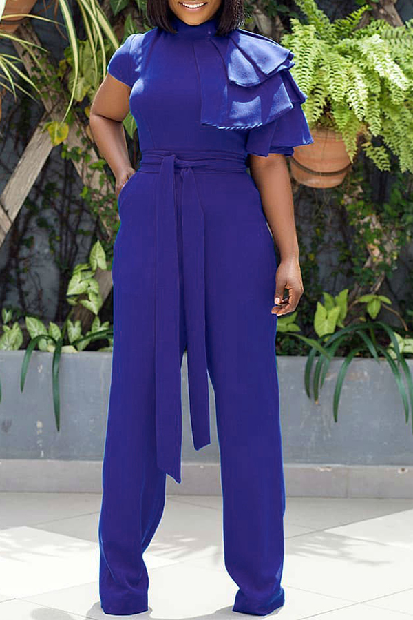 

Lovely Stylish Ruffle Design Blue One-piece Jumpsuit